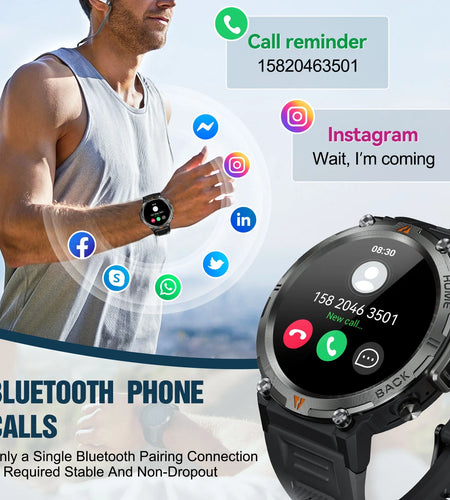 Smart Watch Bluetooth 1.45 Inch Black Rugged Case with Black Polyurethane Sport Band
