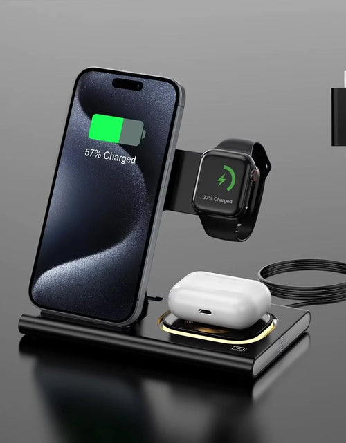 Load image into Gallery viewer, 3 in 1 Foldable Charging Station Compatible with Apple Products,Fast Wireless Charger Travel Dock Adapter&amp;Light for Iphone 15 14 13 12 11 Pro Max,Watch 9 8 7 6 5 4 3 2 Se and Airpods,Black
