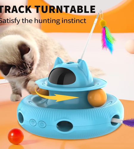 4 in 1 Indoor Interactive Cat Toy with Laser & Retractable Feather Wand, USB Rechargeable, Blue