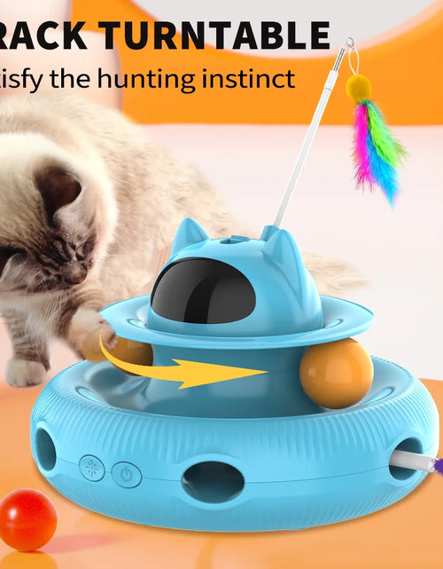 Load image into Gallery viewer, 4 in 1 Indoor Interactive Cat Toy with Laser &amp; Retractable Feather Wand, USB Rechargeable, Blue
