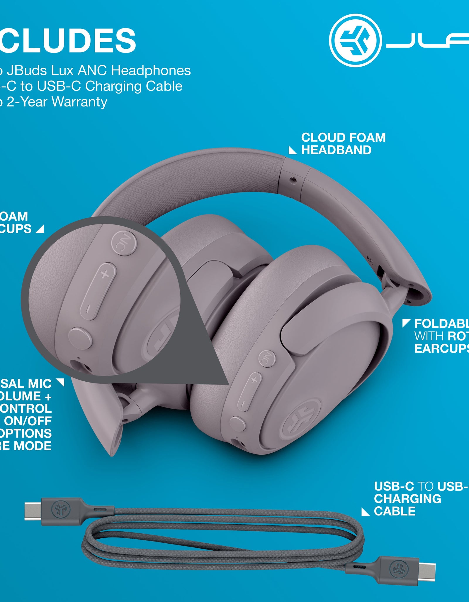Jbuds Lux ANC Over-Ear Wireless Headphones, 70-Hour Battery, Mauve