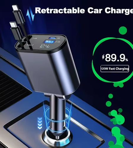 Retractable Car Charger 4 in 1 Fast Car Phone Charger 120W with USB Type C Cable