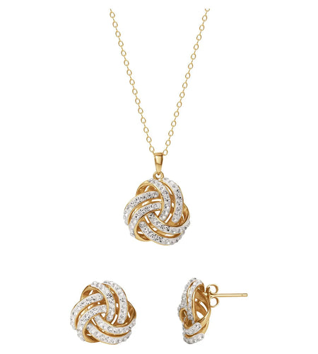 Fine Women'S Love Knot 18K Gold Crystal Pendant and Earring Set