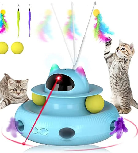 4 in 1 Indoor Interactive Cat Toy with Laser & Retractable Feather Wand, USB Rechargeable, Blue