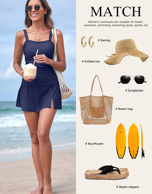 Load image into Gallery viewer, Tankini Swimsuits for Women Tankini Bathing Suit 2 Piece Tummy Control Ruched Tankini Top with Swim Skirt Swimwear Blue L
