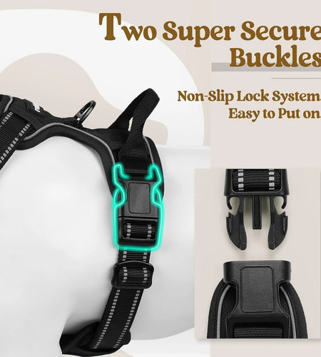 Dog Harness, No-Pull Pet Harness with 2 Leash Clips, Adjustable Soft Padded Dog Vest, Reflective Outdoor Pet Oxford Vest with Easy Control Handle for Large Dogs, Black