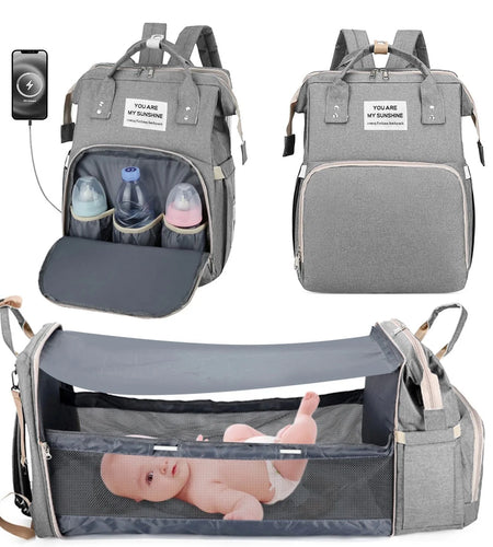 Diaper Bag Backpack, Multifunction Baby Bag with Changing Station, Foldable Crib, Insulation Milk Bottle Pocket, Waterproof Large Capacity Travel Bag with USB Charging Port, Gift for Mom Dad