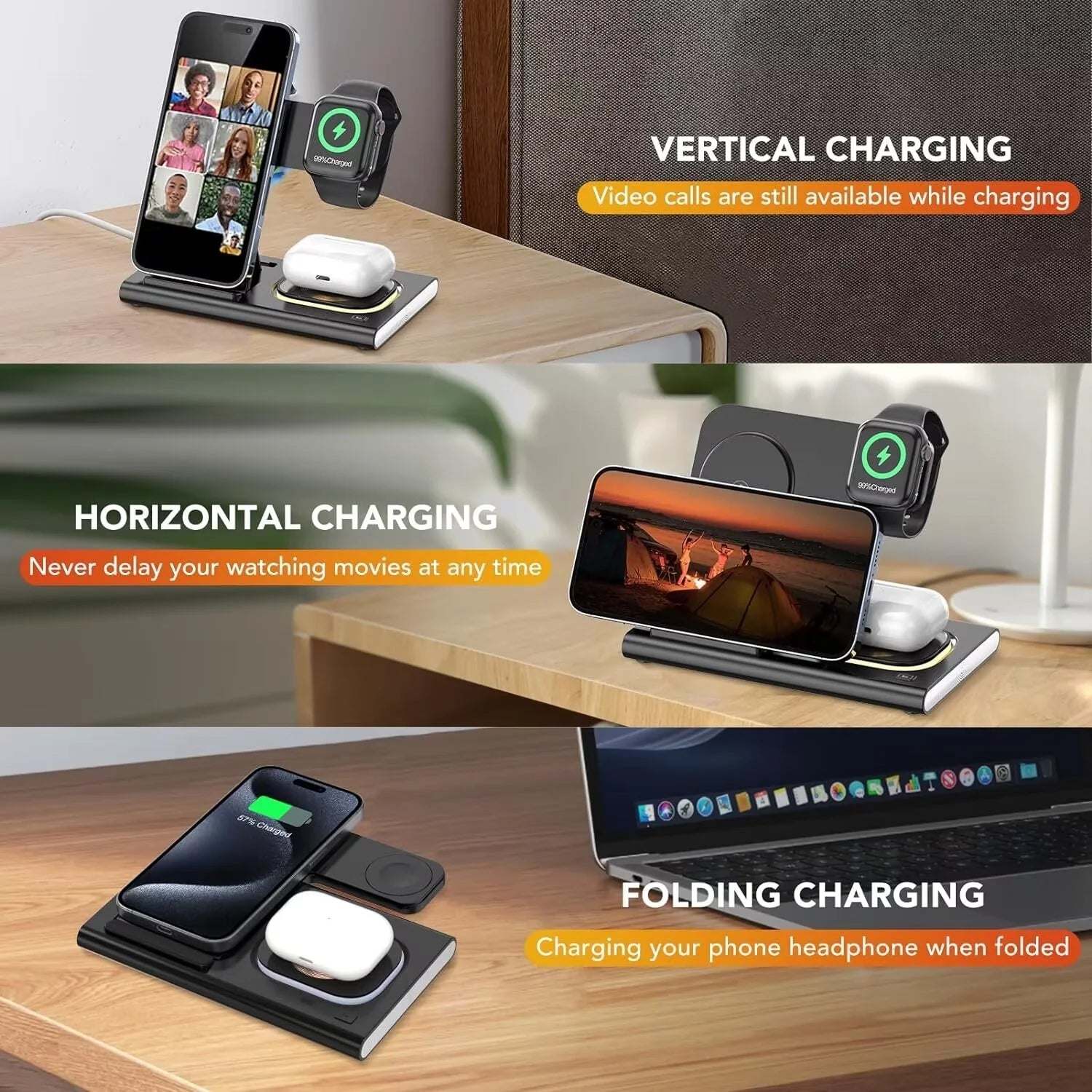 3 in 1 Foldable Charging Station Compatible with Apple Products,Fast Wireless Charger Travel Dock Adapter&Light for Iphone 15 14 13 12 11 Pro Max,Watch 9 8 7 6 5 4 3 2 Se and Airpods,Black