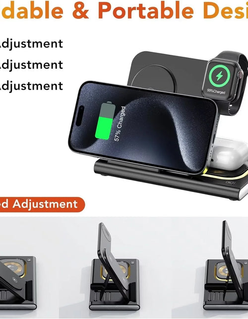 Load image into Gallery viewer, 3 in 1 Foldable Charging Station Compatible with Apple Products,Fast Wireless Charger Travel Dock Adapter&amp;Light for Iphone 15 14 13 12 11 Pro Max,Watch 9 8 7 6 5 4 3 2 Se and Airpods,Black
