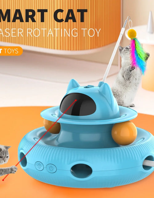 Load image into Gallery viewer, 4 in 1 Indoor Interactive Cat Toy with Laser &amp; Retractable Feather Wand, USB Rechargeable, Blue

