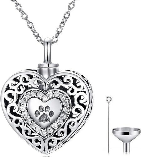 925 Sterling Silver Heart Urn Necklaces Engraved Pawprint Forever in My Heart Cremation Keepsake Necklace for Ashes Pet Ashes Jewelry Gift for Women